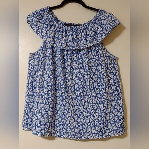 J.Jill Blue and White  Off-Shoulder Ruffle Cotton Blend Top L